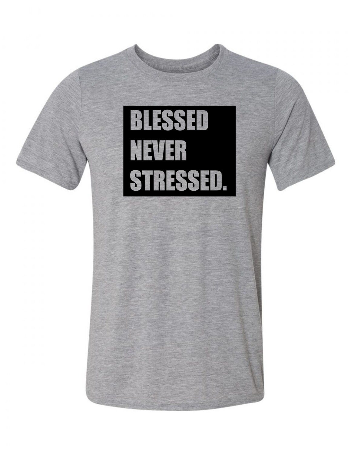 &#39;Blessed Never Stressed&#39; Box Tee- Gray/Black or Gray/White