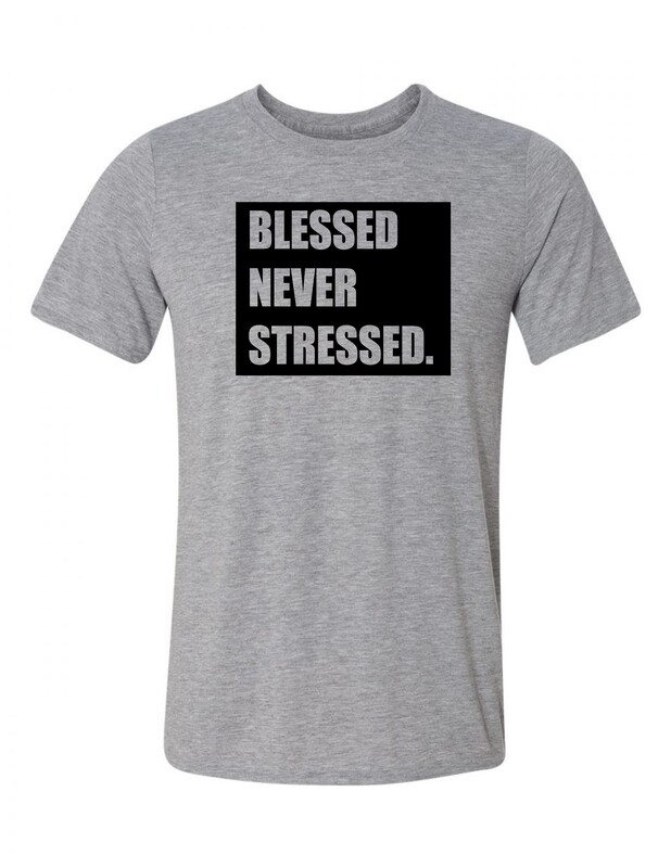 &#39;Blessed Never Stressed&#39; Box Tee- Gray/Black or Gray/White
