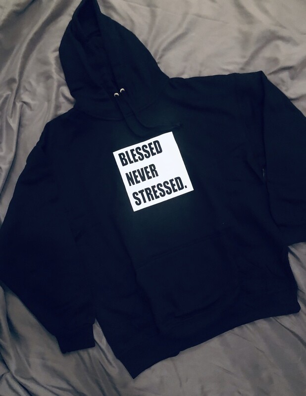 &#39;Blessed Never Stressed&#39; Hoodie Black/White