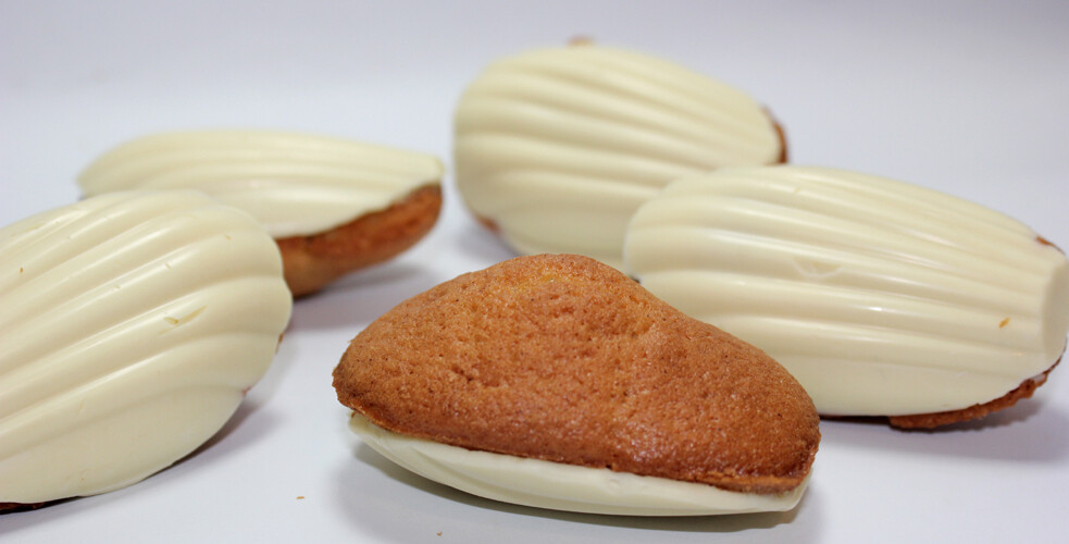 Madeleines with white choc shell