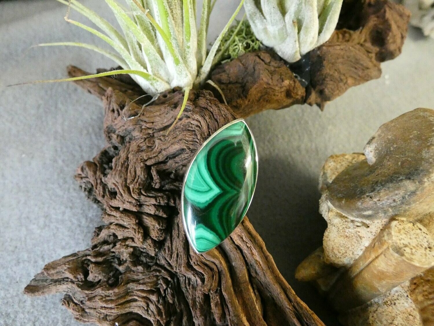 Ring Malachite, Navette, Silberfassung 925 - Größe 53,5
