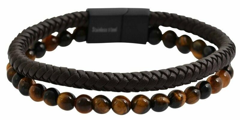 Armband mit Leder und Perlen (Tigerauge+Onyx), Magnetverschluß von Raptor Armband mit Leder und Perlen (Tigerauge+Onyx), Magnetverschluß von Raptor