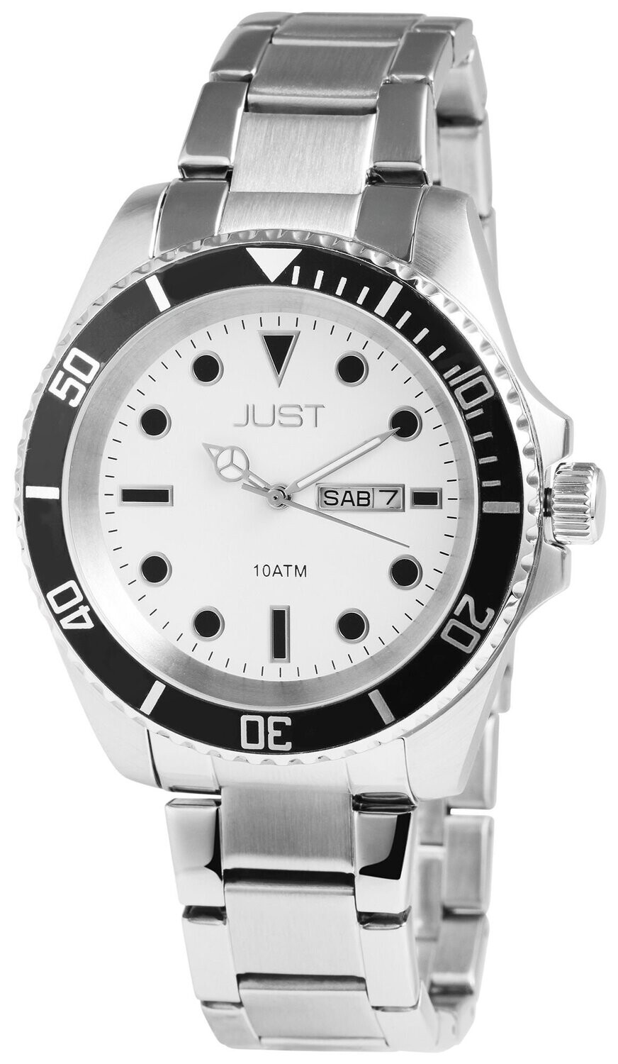 Herrenuhr analog, JUST, Datum+Wochentagsanzeige, weiß/schwarz, Edelstahlarmband, 10 atm Herrenuhr analog, JUST, Datum+Wochentagsanzeige, weiß/schwarz, Edelstahlarmband, 10 atm