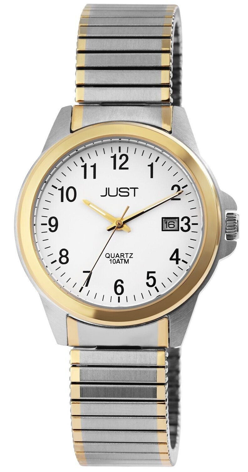 Herrenuhr analog, JUST, Datumsanzeige, Zug-Edelstahlband, Bicolor, 10 atm