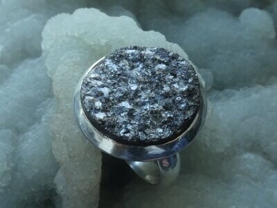 Ring Aventurin schwarz-grau, roh, rund, Größe 58, 59, 60, 61, 62, 63, 64