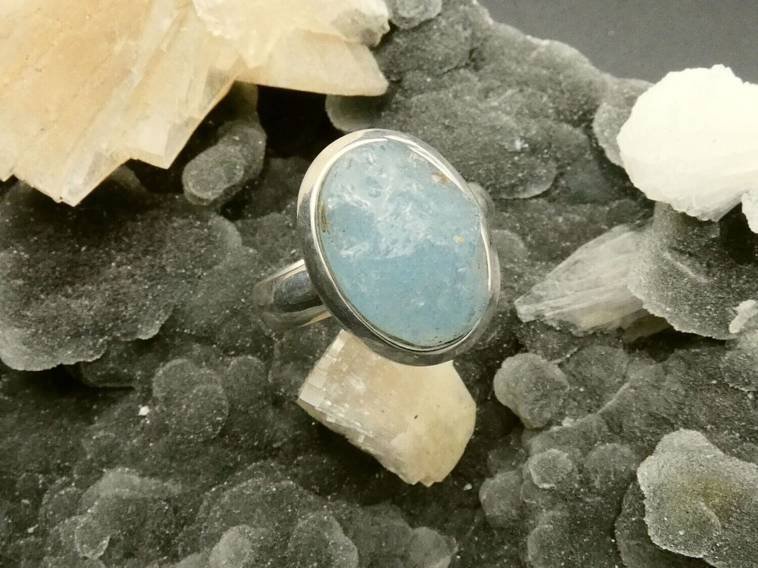 Ring Aquamarin, roh,Silberfassung 925, oval, Größe 53, 54, 55, 56, 57 offen