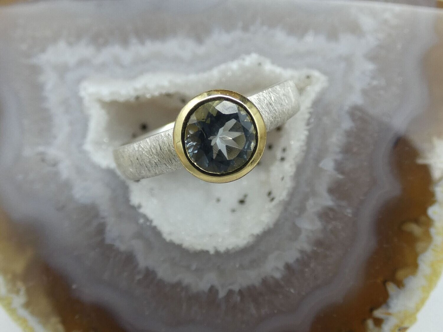 Ring Aquamarin, facettiert, rund, Silber 925, bicolor, vergoldet 5µ, Größe 51