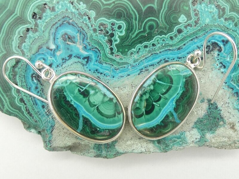 Ohrhänger Chrysocoll-Malachite, oval, Silberfassung 925 Ohrhänger Chrysocoll-Malachite, oval, Silberfassung 925