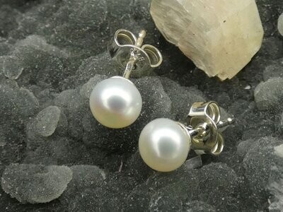 Ohrstecker Perle, Ø 6mm, perlmutt, rund mit Silber 925
