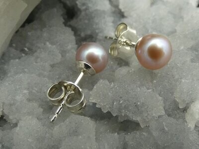 Ohrstecker Perle, Ø 6mm, perlmutt-leicht rosa, rund mit Silber 925