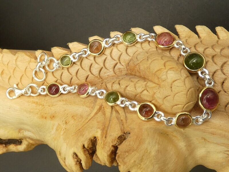 Armband Turmalin, mehrfarbig, cabochon, Silber 925, bicolor, teilvergoldet 5µ Armband Turmalin, mehrfarbig, cabochon, Silber 925, bicolor, teilvergoldet 5µ