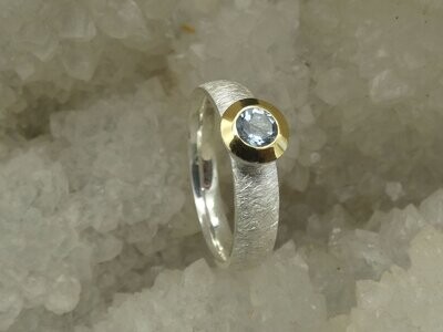 Ring Aquamarin, facettiert, rund, Silber 925, bicolor, vergoldet 5µ, Größe 55