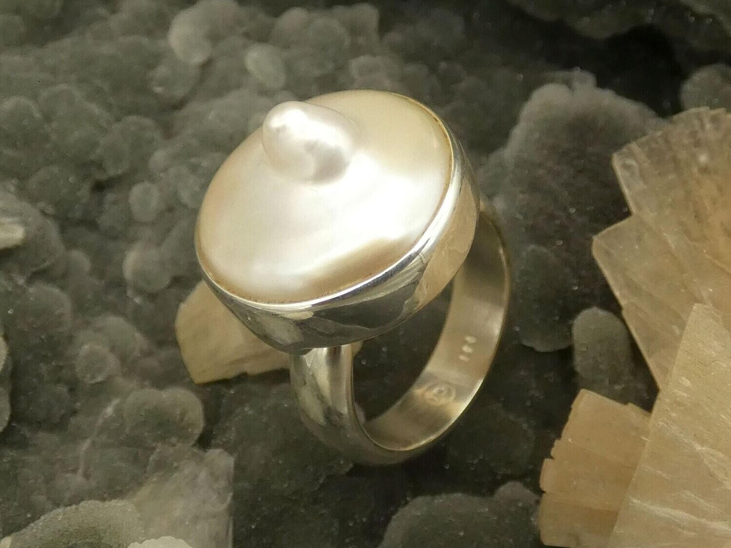 Ring Perle, Ø 1,8cm, Silberfassung 925, offene Ringschiene,  Größe 53, 54, 55, 56, 57