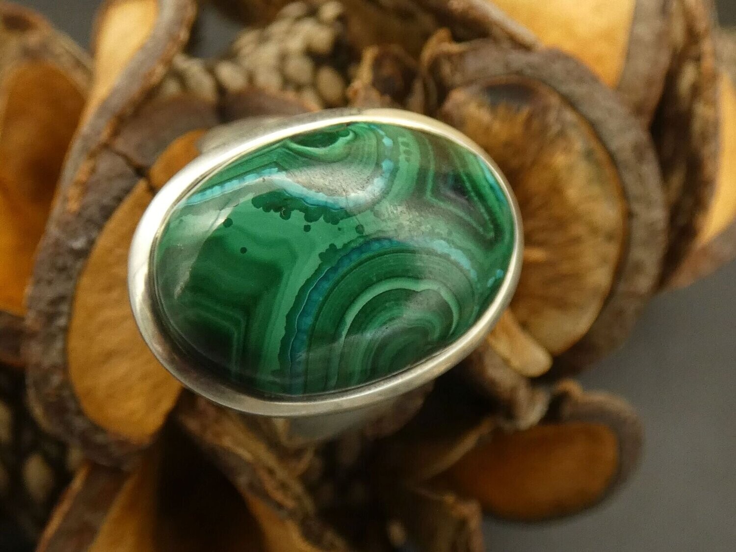 Ring Malachite, oval, cabochon, Silber 925 - Größe 56