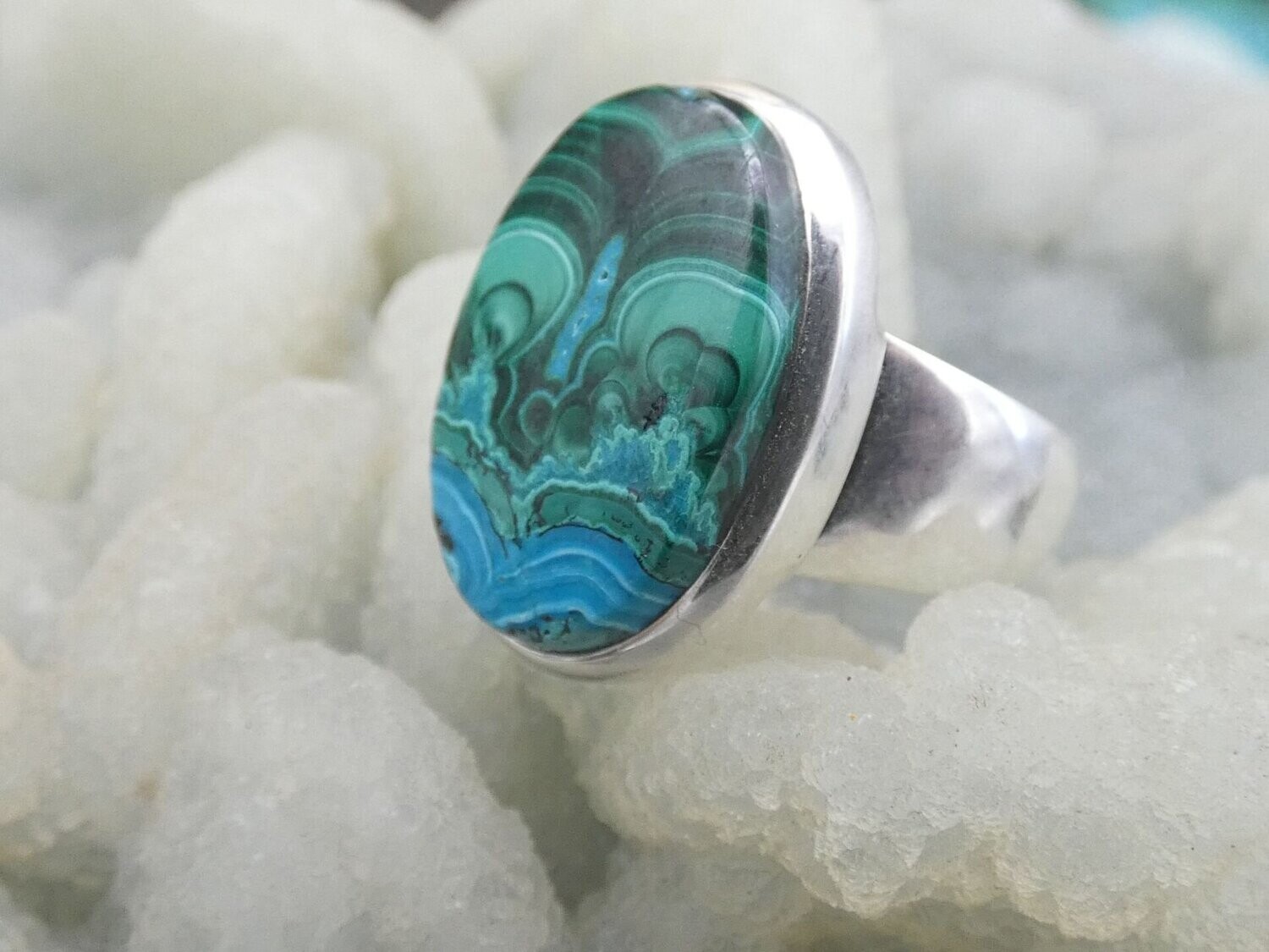 Ring Chrysocoll-Malachite, oval, cabochon, Silber 925 - Größe 59