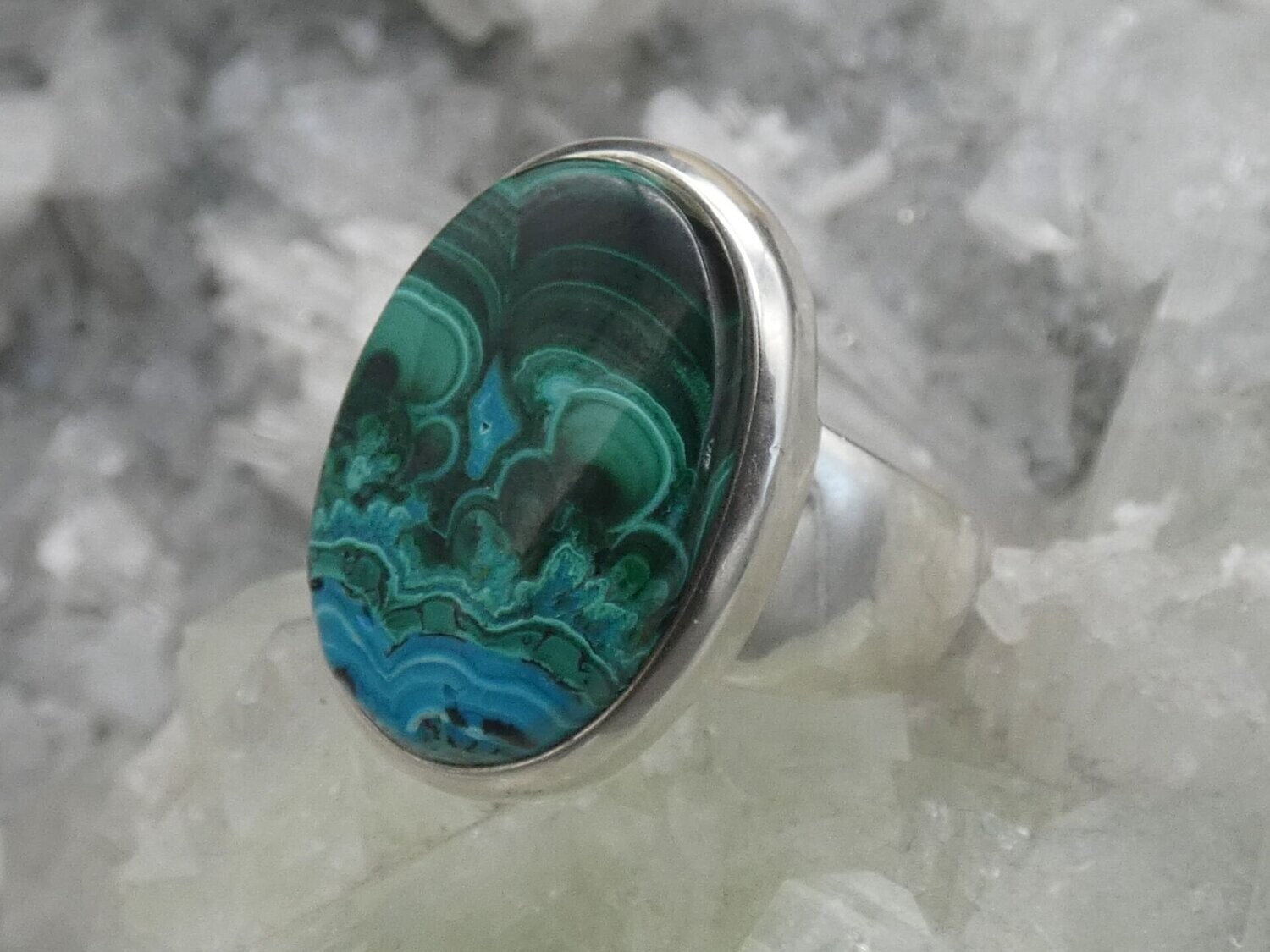 Ring Chrysocoll-Malachite, oval, cabochon, Silber 925 - Größe 56