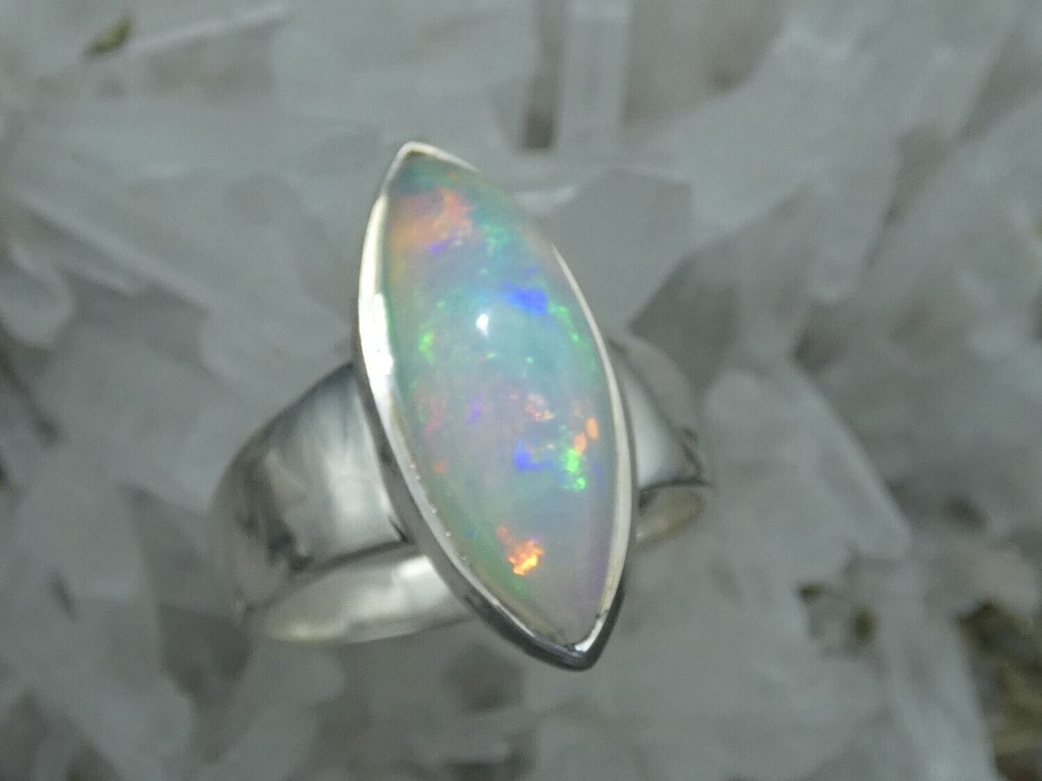 Ring Opal, Fassung Silber 925, Navette, cabochon,  Ringgröße 57