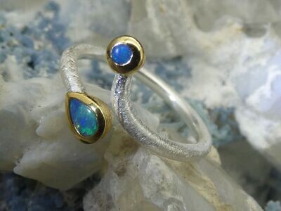 Ring 2 Opale, Fassung Silber 925, bicolor, Ringgröße 56