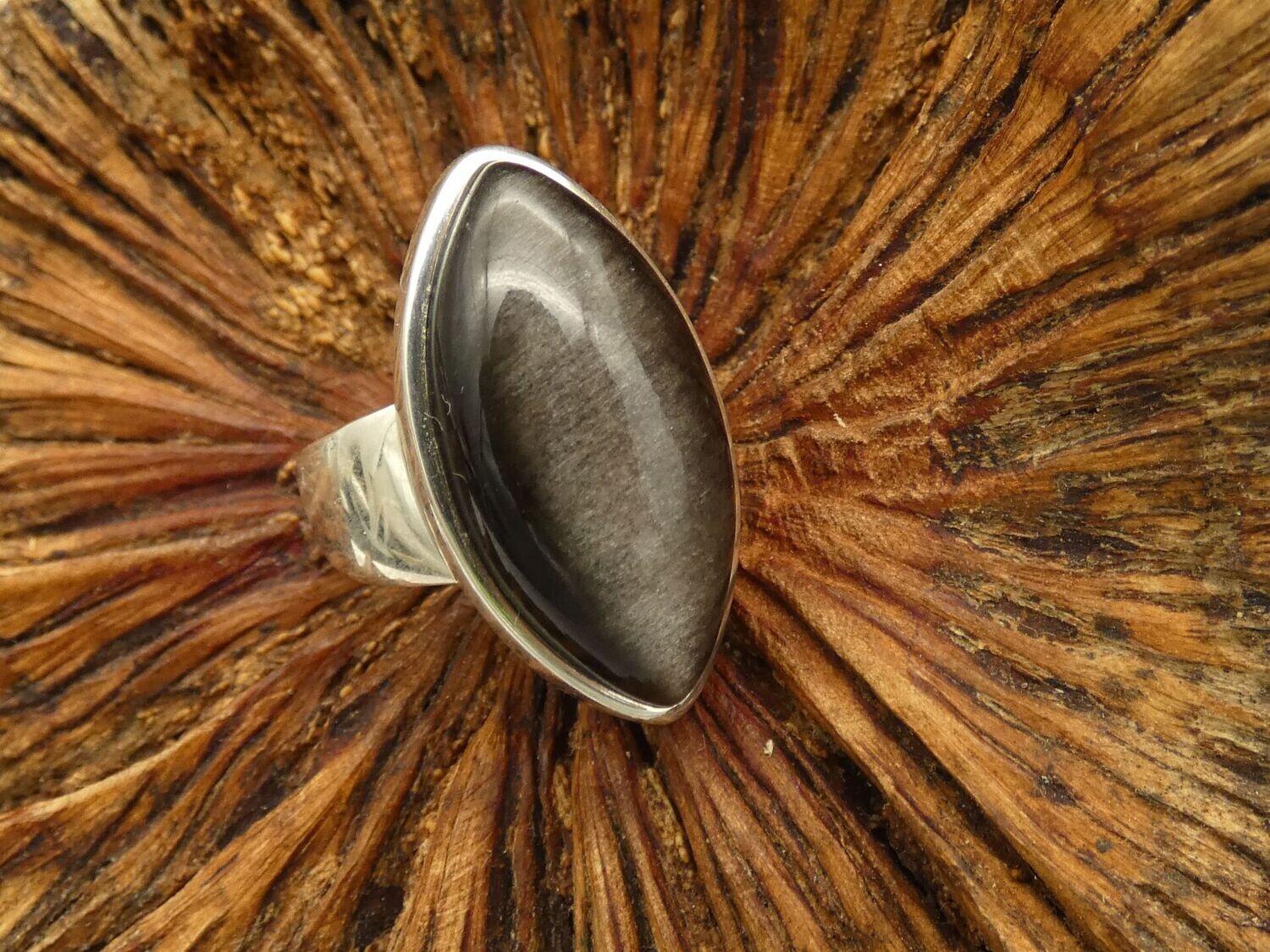 Ring Silberobsidian, Navette, Silberfassung 925, Größe 56