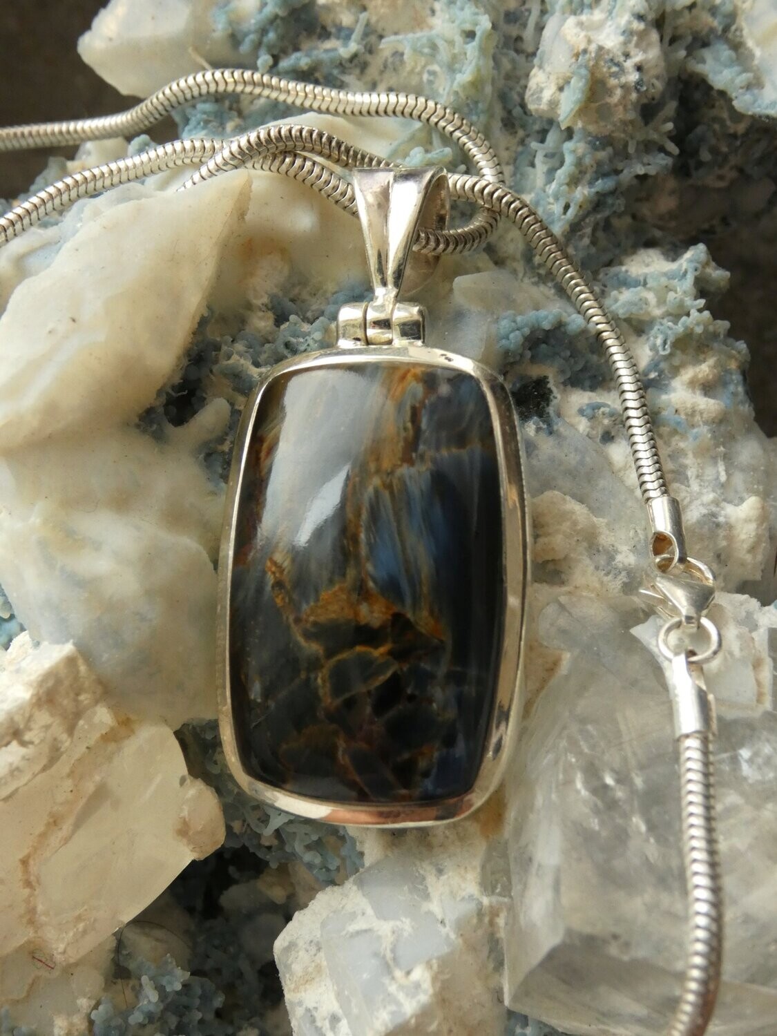 Anhänger Pietersit, rechteckig,  Silberfassung 925