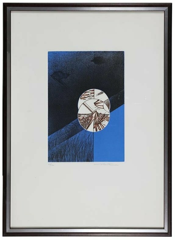 Walter Valentini - acquaforte acquatinta blu con cornice