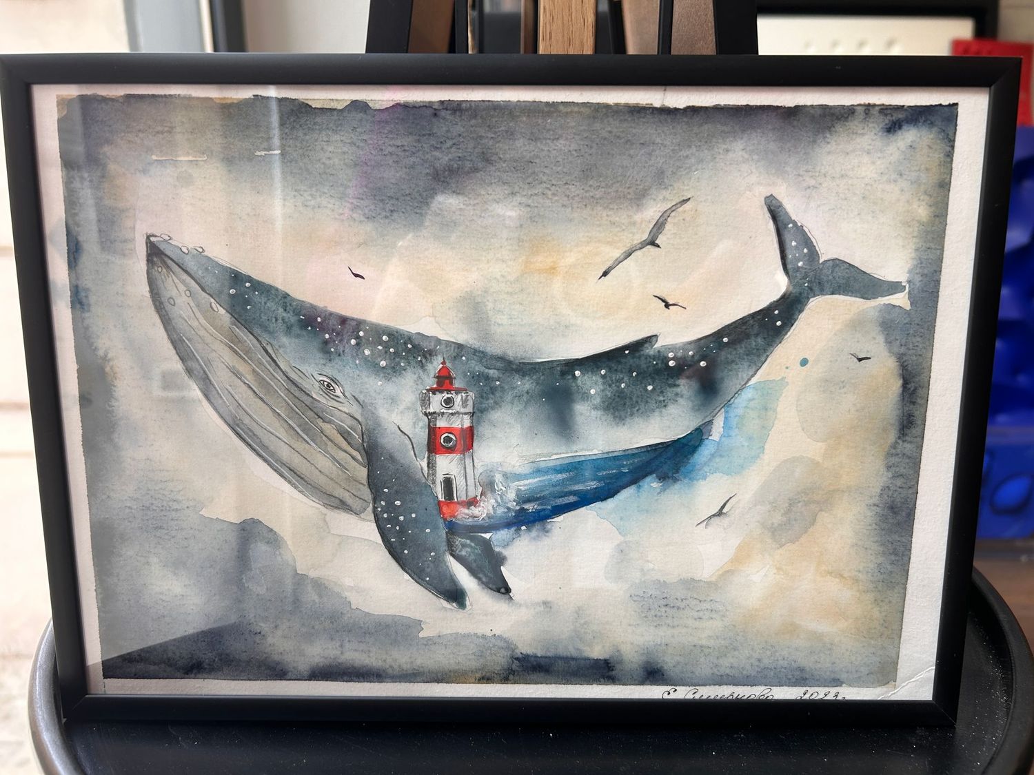 Disegno Acquerello - la balena con faro - con cornice