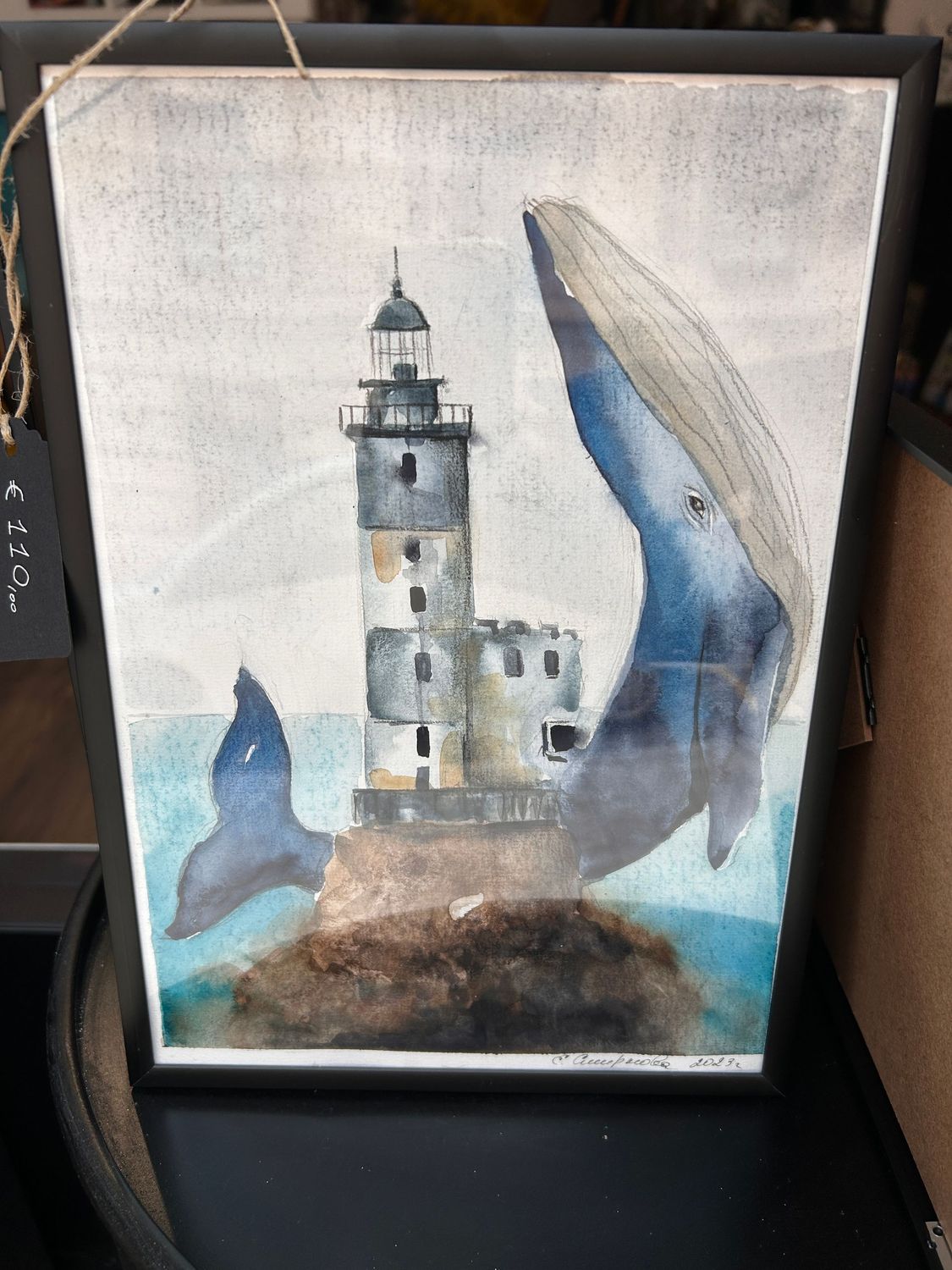 Disegno Acquerello - il faro con la balena - con cornice