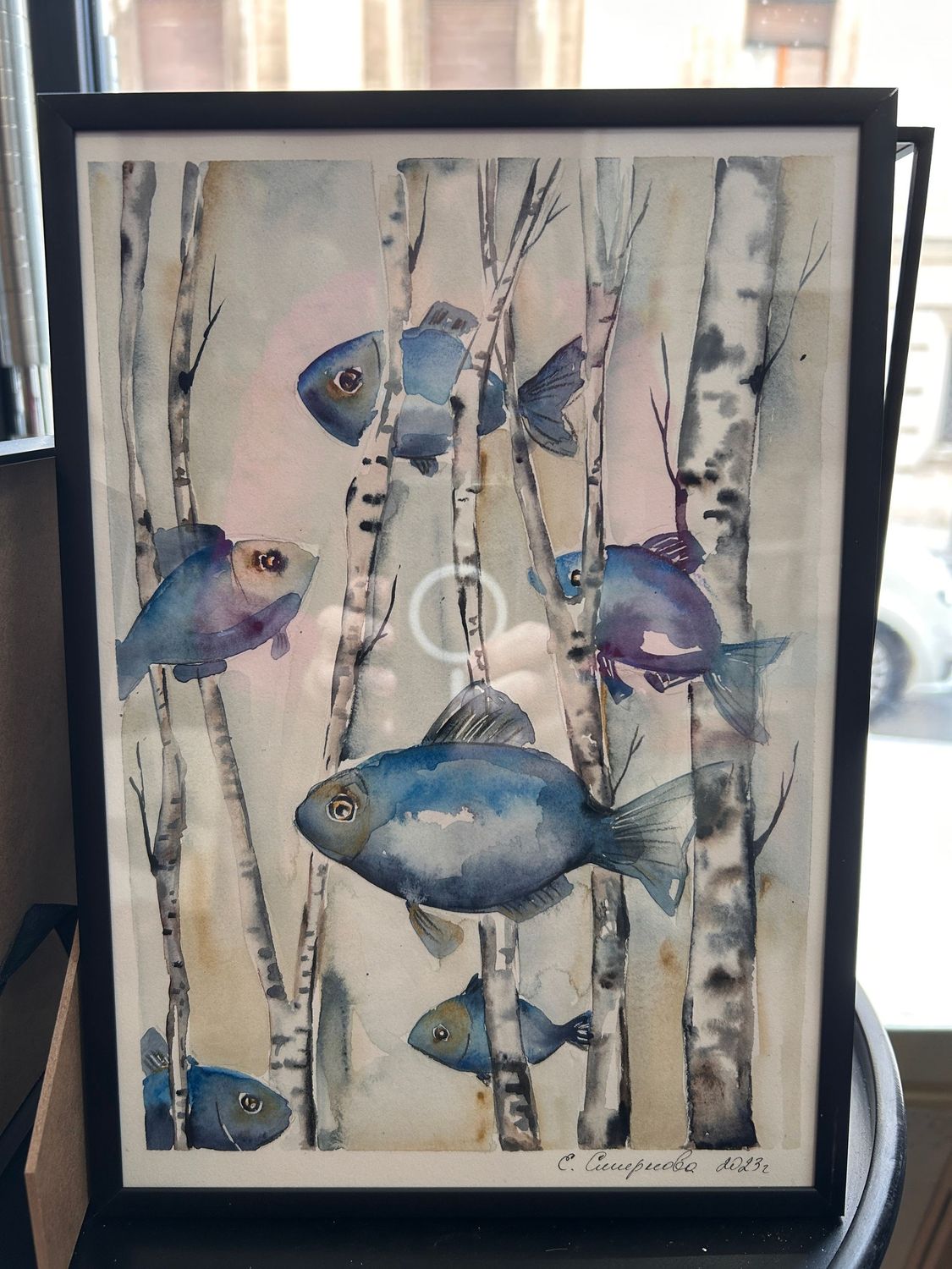 Disegno Acquerello - nella foresta di betulle - con cornice