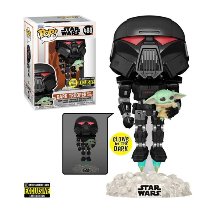 Star Wars: The Mandalorian Dark Trooper with Grogu Glow-in-the-Dark Pop! Vinyl Figure - Entertainment Earth Exclusive
