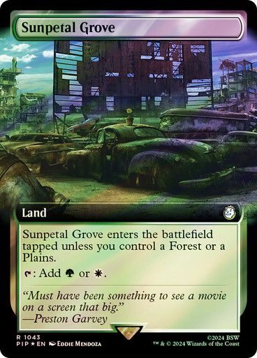 Magic the Gathering Sunpetal Grove Extended Art Surge Foil Fallout Commander