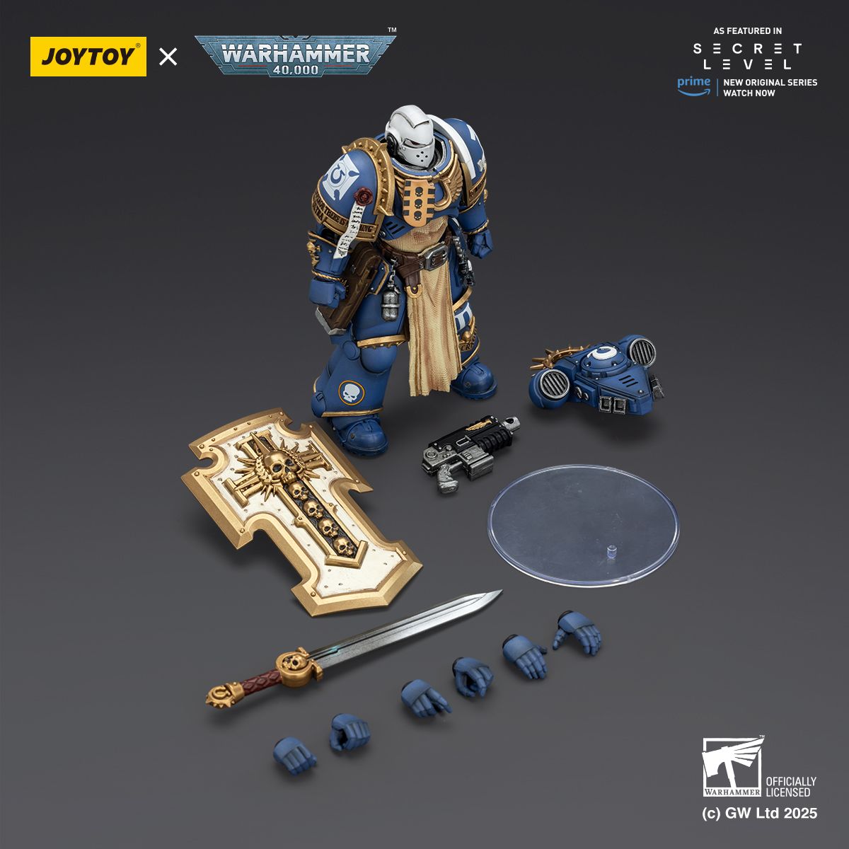 PRE-ORDER Joy Toy Warhammer 40k Ultramarines Levantus with Power Sword, Stormshield and Bolt Pistol