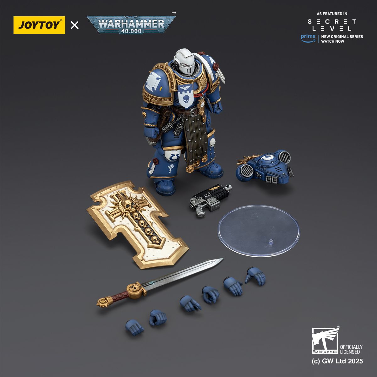 PRE-ORDER Joy Toy Warhammer 40k Ultramarines Torvald with Power Sword, Stormshiled and Bolt Pistol