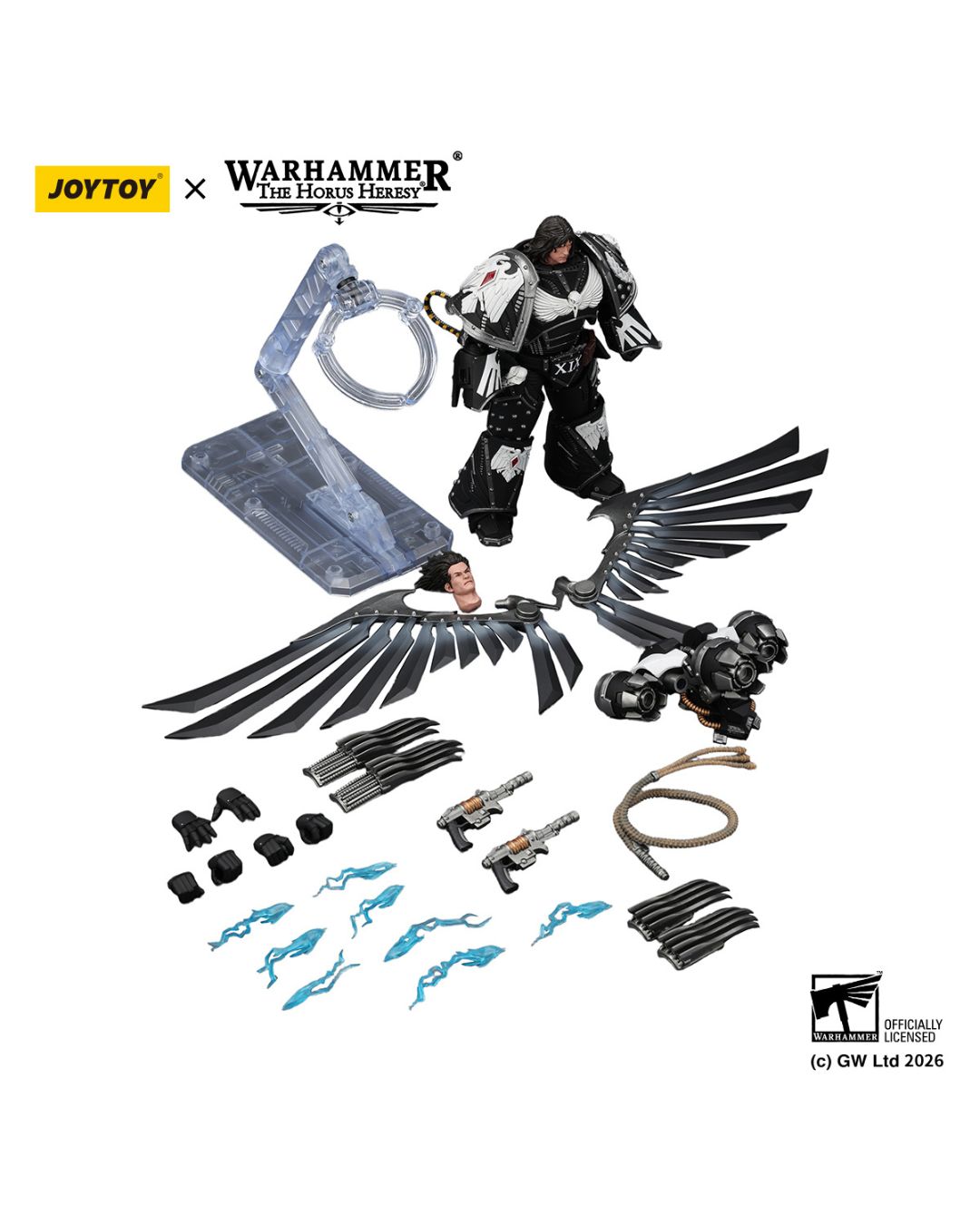 PRE-ORDER Joy Toy Warhammer 40k Raven Guard Corvus Corax, Primarch of the XIX Legion with artificer-crafted lightning talons, archaeotech pistols, and whip