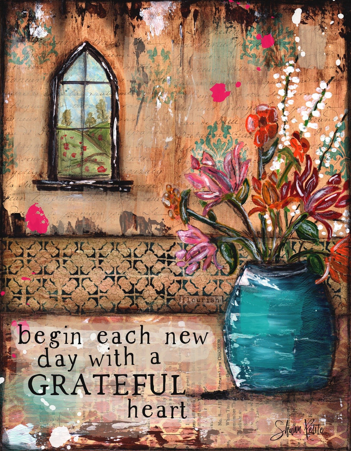 "Begin each day with a Grateful Heart" Print on Wood and Print to be Framed