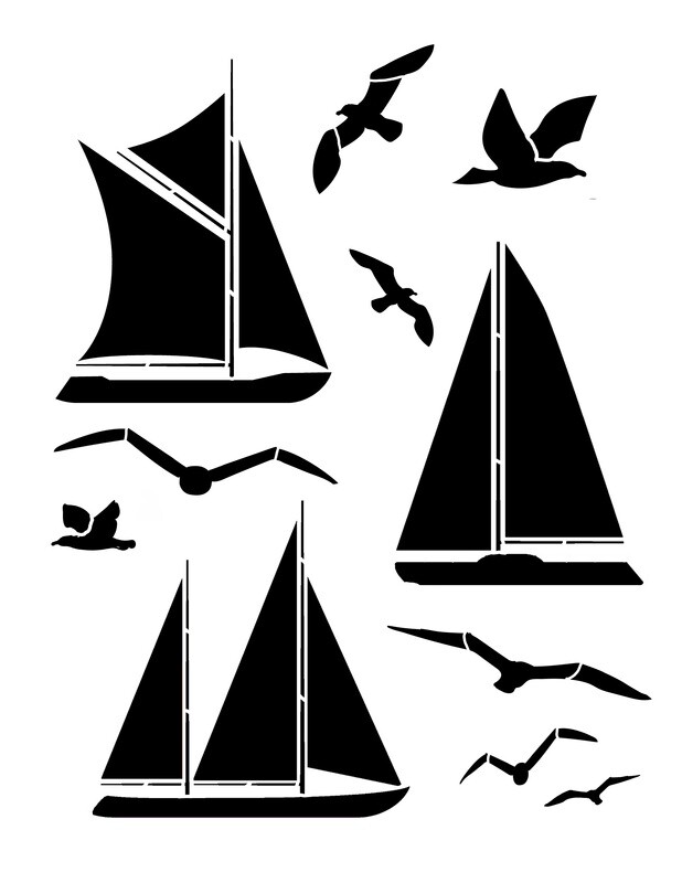 Boats and Birds stencil 8x10