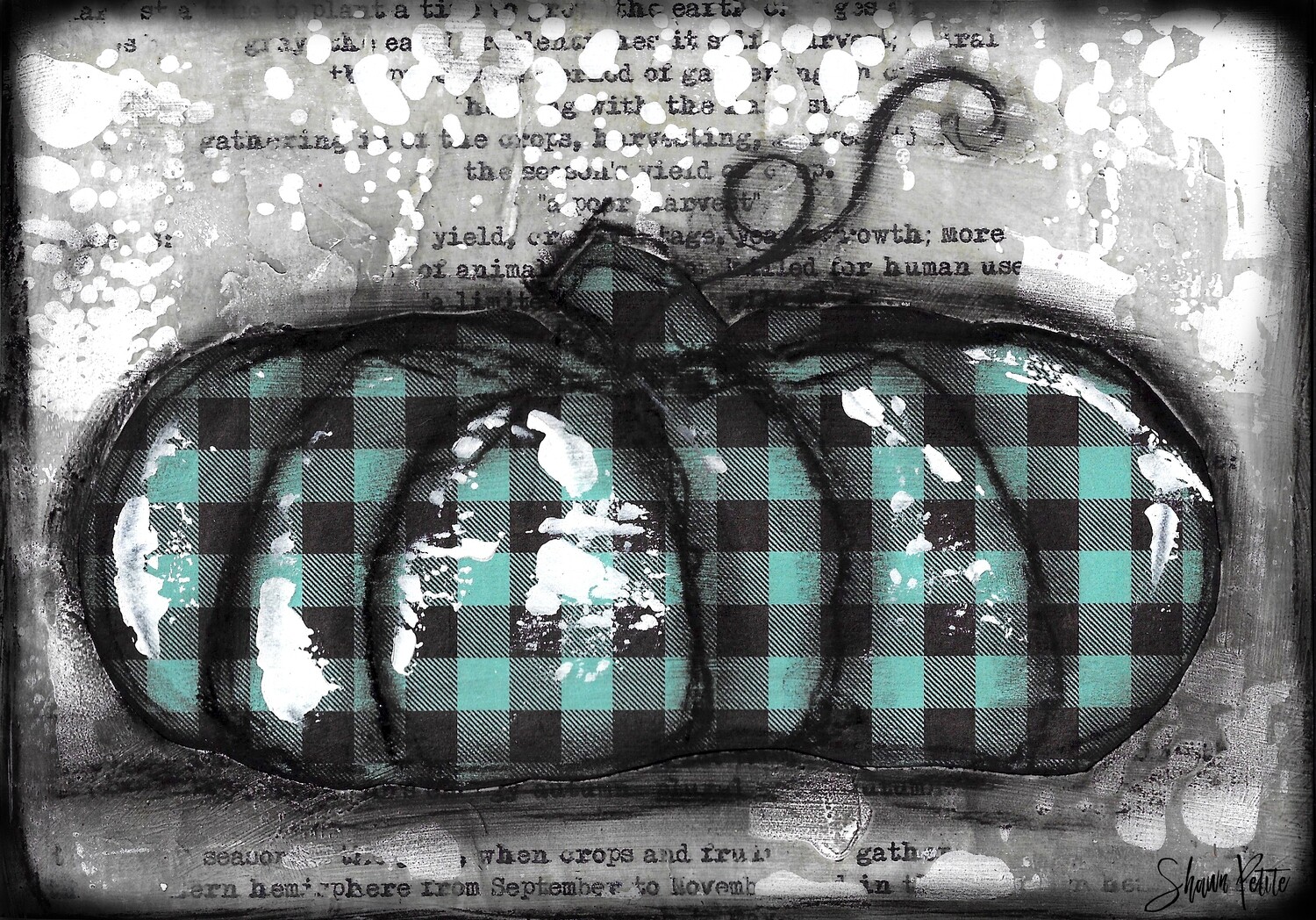 "Pumpkin" teal plaid flat Print on Wood and Print to be Framed