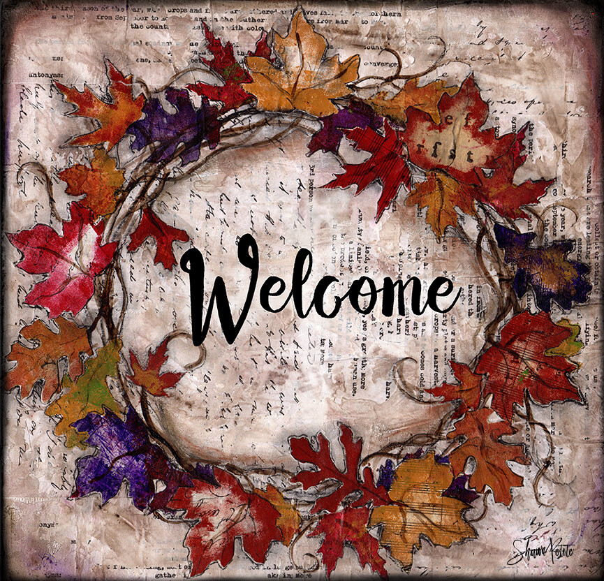 "Welcome" fall leaves wreath Print on Wood and Print to be Framed