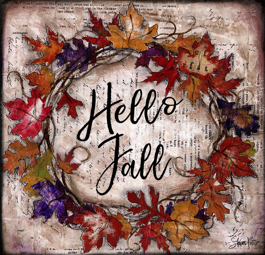 "Hello Fall" fall leaves wreath Print on Wood and Print to be Framed