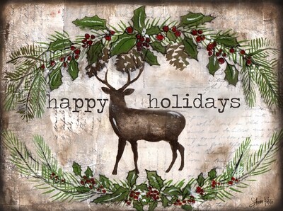 "Happy Holiday" deer Print on Wood and Print to be Framed