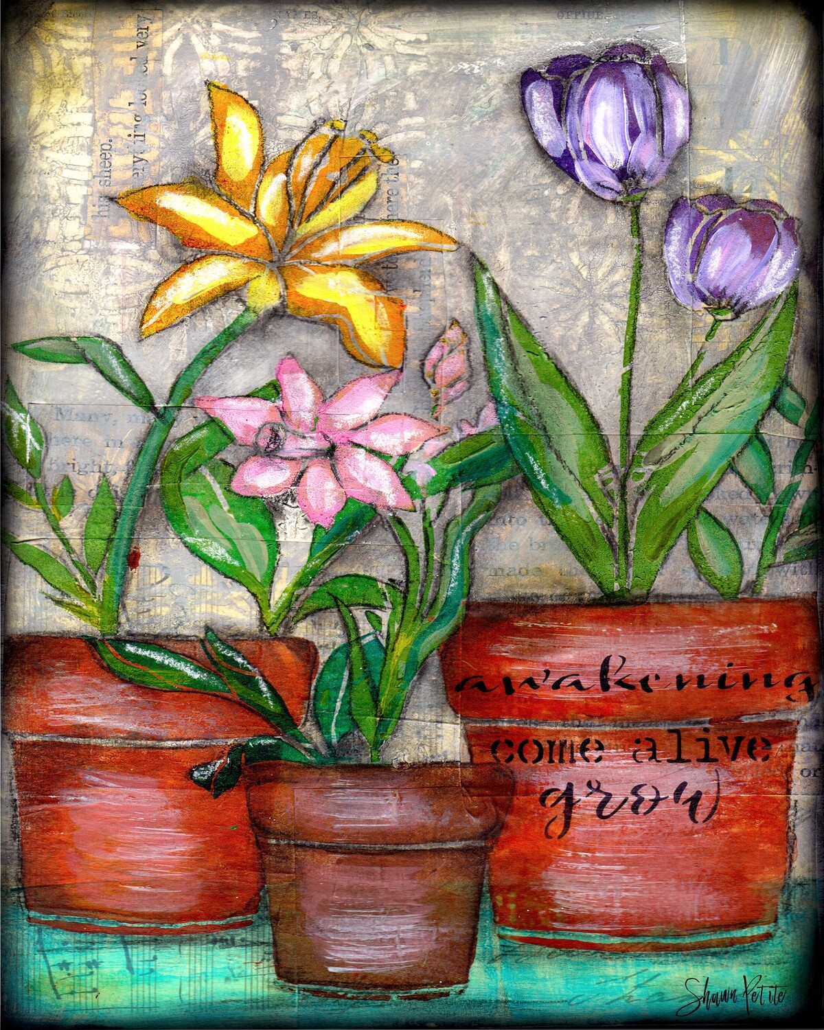 "Awakening" flower pot trio Print on Wood and Print to be Framed