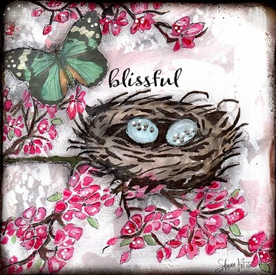 "Blissfull" birds nest Print on Wood and Print to be Framed