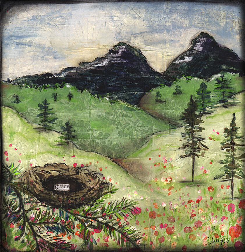 Grace and the mountain 12x12 mixed media Print on wood and Print to be Framed