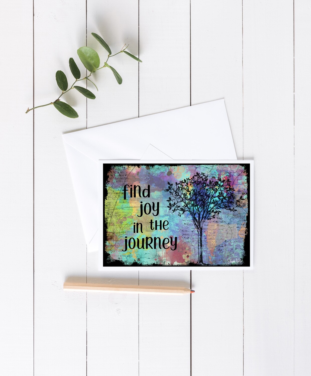 "Find Joy in the Journey" black tree 7x5 4 pack card