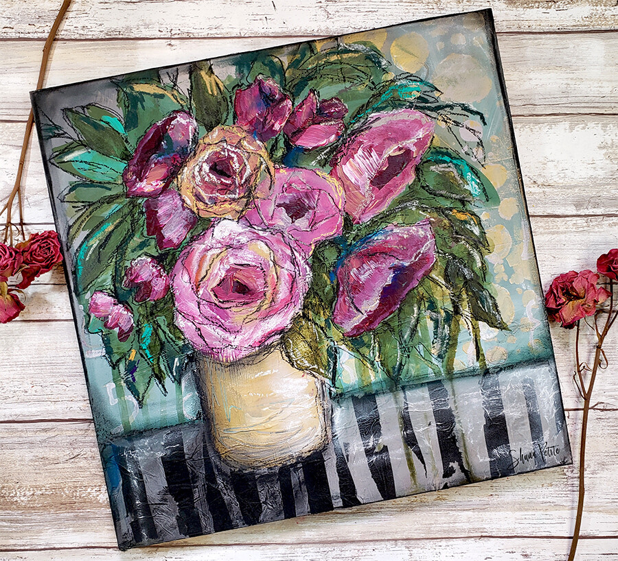 Striped table floral mixed media 12x12 original