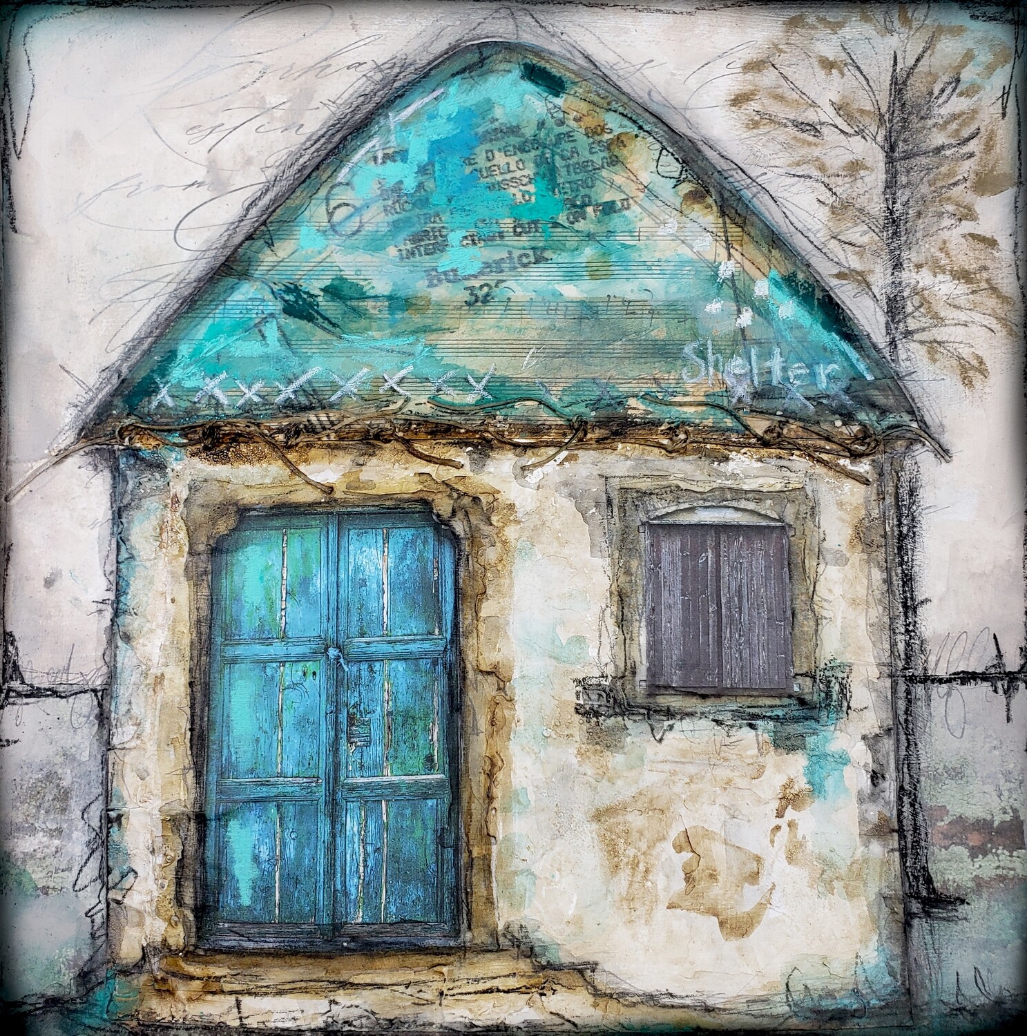 "Shelter" 10x10 mixed media original to be framed clearance
