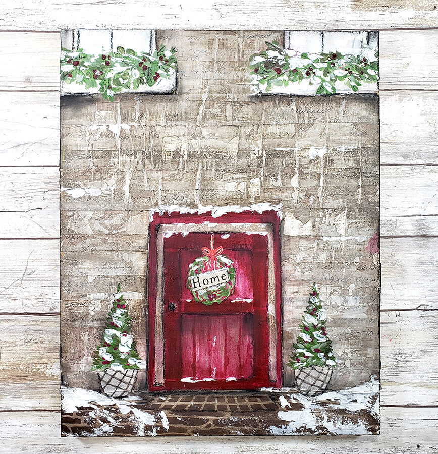 "Home" red door holiday, Print on Wood and Print to be Framed