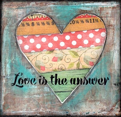 "Love is the answer" heart 4x4 mixed media original. Clearance