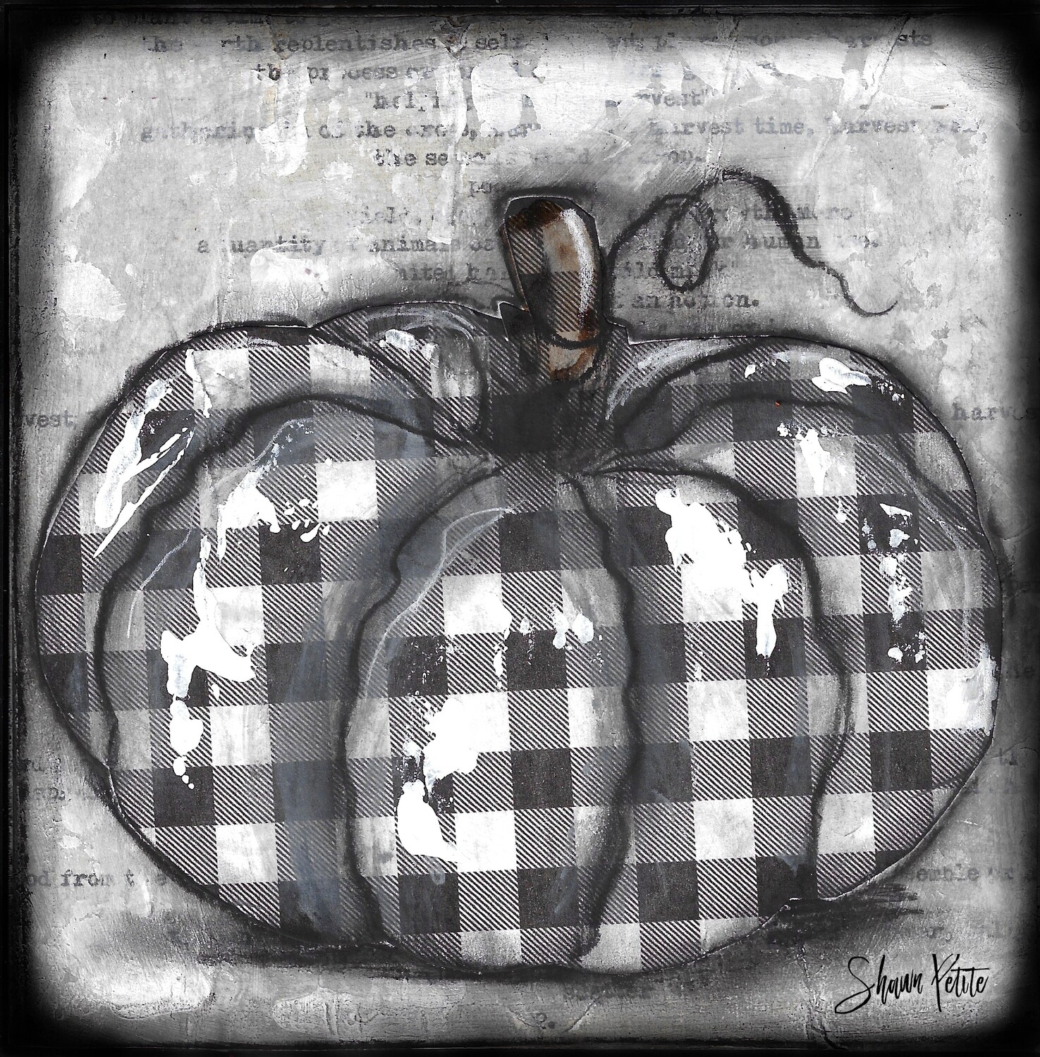"Pumpkin" black and white plaid round Print on Wood 4x4 Overstock