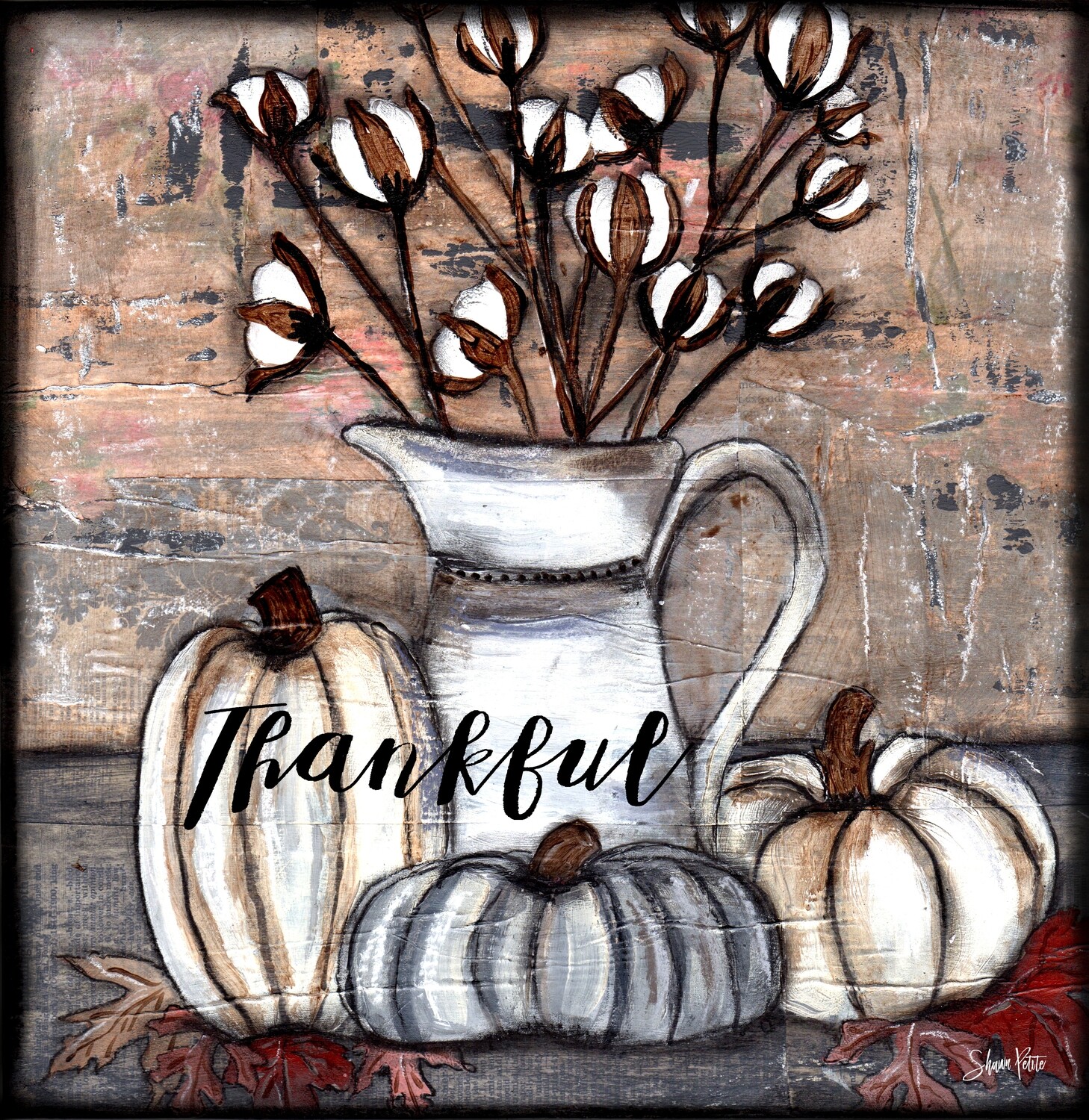 "Thankful" pumpkins and cotton Print on Wood 8x8 Overstock