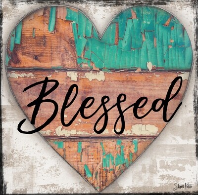 "Blessed" chippy turquoise heart Print on Wood 8x8 Overstock